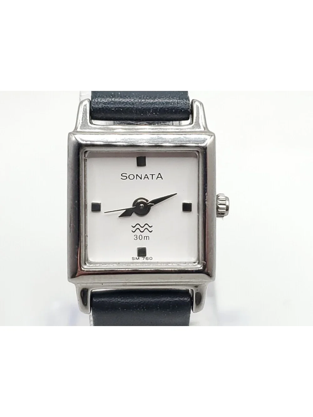 Sonata Quartz Watch Womens New Battery Silver Tone Black Band Square 17mm